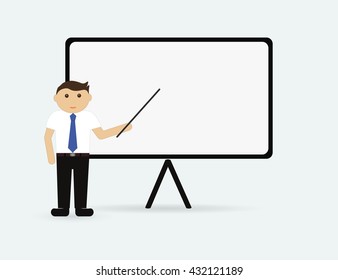 Vector illustration - business man explaining and pointing at blank white board.