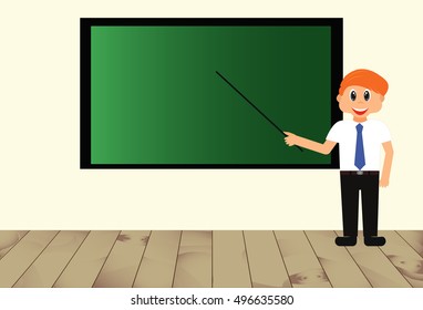 Vector illustration - business man explaining and pointing at blank white board.