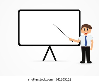 Vector illustration - business man explaining and pointing at blank white board.