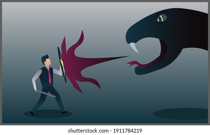 Vector Illustration Of Business Man Fighting A Large Black Snake, Fighting Fear Concept