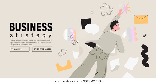 Vector illustration of business man getting or reaching star from the night sky with abstract geometric and outline elements. Concept of business growth, success, dream, new heights, achieving goal.