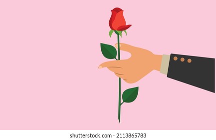 Vector illustration business man hand holding a red rose. Flat design on pink backrgound. Valentine's day illustration.