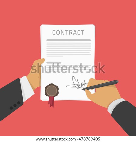Vector illustration of Business man hand holding contract agreement, signed treaty paper with pen, documentation flat sign modern design isolated on red background. Hand signing of a treaty concept.