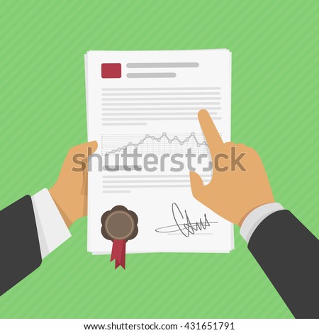 Vector illustration business man hands holding contract, signing of a treaty business contract flat style. The signed contract in a hand of the person. 