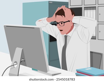Vector Illustration A Business man at his Desk is Shocked when He looks at his Computer Screen