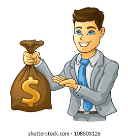 Vector Illustration Of Business Man Holding Money Bag On White Background.