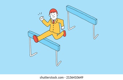 Vector illustration of business man jumping over obstacles concept. Athletics hurdle.