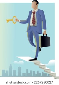 vector illustration of a business man on a stairs in the sky