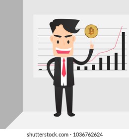 Vector Illustration of a business man pointing at golden bitcoin coin with business graph background cryptocurrency concept