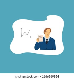 Vector illustration of a business man presenting business statistics in the form of a bar graph.