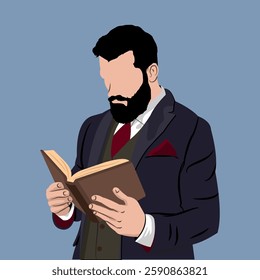 Vector illustration of a business man reading a book, wearing formal clothes such as a suit, tie with a handsome face with a beard and mustache