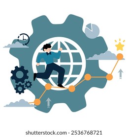 Vector illustration of a business man running around the world. Symbol of global entrepreneurial spirit