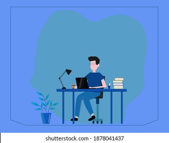 Vector illustration of a business man sitting at a desk, business and work ideas.