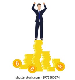 A vector, illustration business man standing of on top money, gold coins in happy and strong gesture shows that beyond money very strong. Successful businessman concept