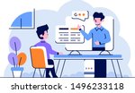 Vector Illustration Business man study in online course the mentor explain in online class computer learn flat and outline design style