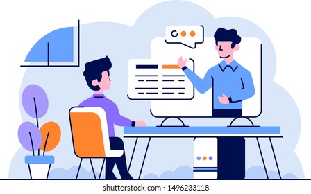 Vector Illustration Business man study in online course the mentor explain in online class computer learn flat and outline design style