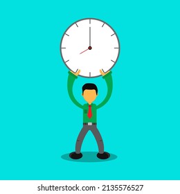 vector illustration of a business man wearing a green shirt with a big clock, perfect for being a reminder of office hours or work deadlines