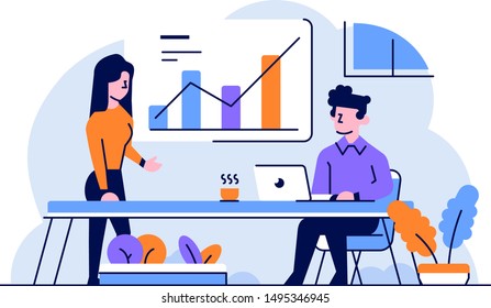 Vector Illustration Business a man and woman doing analysis presentation and analyze development graph chart diagram discussion flat and outline design style