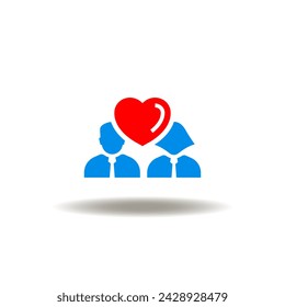 Vector illustration of business man and woman with heart. Icon of job satisfaction. Symbol of love.