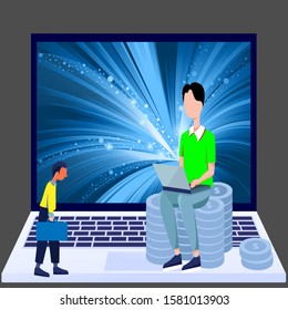 vector illustration a business man working on laptop keyboard, client coming