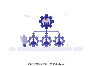 Vector illustration of Business Management Illustration with Four Interconnected Gears. Top Gear Showing a Man in Suit Representing Leadership