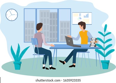 Vector illustration.The business Manager conducts an interview with a job candidate.The concept of recruitment, interviews.