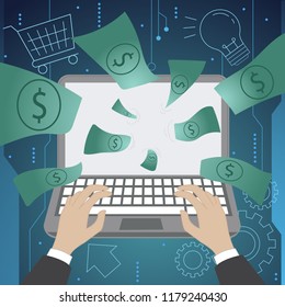 Vector illustration of business man's working with laptop, Connecting world by internet for earn money concept.