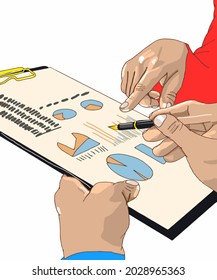 Vector illustration of business, marketing, finance, bank, legal process. BPO - Business Process Outsourcing. Colleagues and business partners discuss sales schedules.  Business strategy discussion