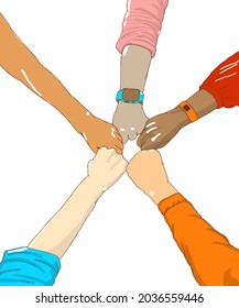 Vector illustration of business, marketing, finance, bank, legal process. Business Process Outsourcing. People join hands as sign of friendship. United team symbol