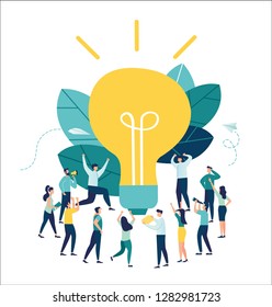 Vector illustration, business meeting and brainstorming, business concept for teamwork, search for new solutions, small people look at the big light bulb in search of ideas-vector