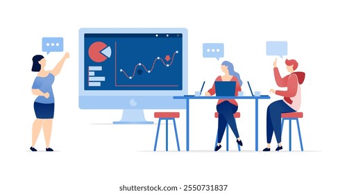 vector illustration of Business Meeting Discussion on Desk with People Analyzing Company or Corporate Graphs to Plan Company Strategies, Plans, and Drive Corporate Success