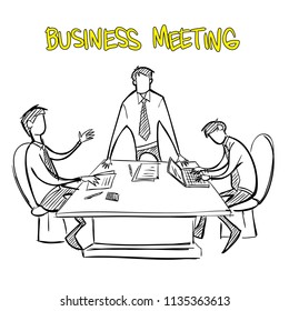 Vector illustration of business meeting, team of businessmen have discussion on working table. Black and white doodle drawing style