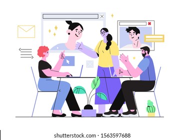 Vector illustration of a business meeting with video conference call. Office employees or coworkers discuss a new project, generate ideas, talking. The concept of collaboration, digital communication.