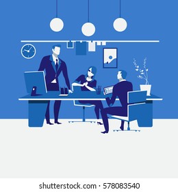 Vector illustration of business meeting at workplace. Office interior. Work scheduling, planning, brainstorming, teamwork concept design element in flat style.