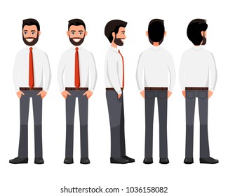 Vector illustration of business men with hands in pockets, in official clothes. Cartoon realistic people set. Flat young man. Front view man, Side view man, Back side view man, Isometric view.