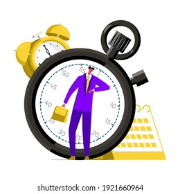Vector illustration business metaphor with enlarged time objects. It shows calendar, alarm clock, stopwatch, businessman or office worker looking at wristwatch. Concept planning, punctuality.