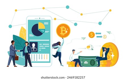 Vector illustration. Business, mobile app. Team of business people are negotiating a deal, working together for success. Solving financial issues, Dollar gold coins Bitcoin.Ethnicity African Americans