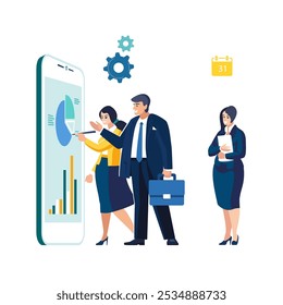Vector illustration. Business, mobile app. Team of business people are negotiating a deal, working together for success. Solving financial issues, Dollar gold coins. Ethnicity, African Americans