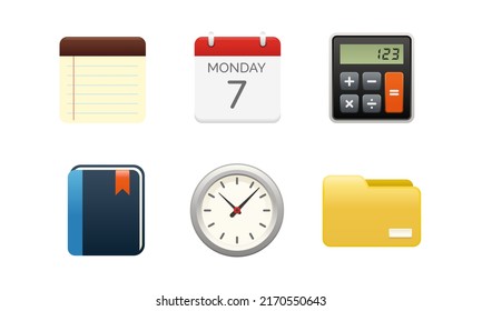 Vector illustration of business office element, such as note, calendar, calculator, clock, and folder. Suitable for office stationary item icon.