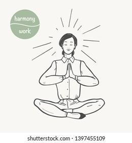Vector illustration of business office lady sitting in yoga lotus asana pose meditating isolated on light background. Harmony in work concept for woman worker. Hand drawn sketch comic style. 