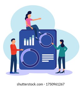 Vector illustration of business, office worker studying infographics, evolutionary scale analysis. compact team work.