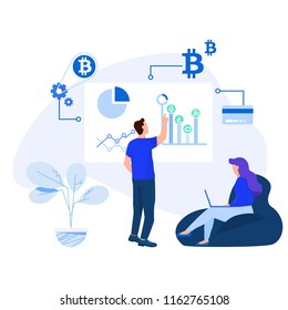 vector illustration of business, office workers are studying the infographic, the analysis of crypto currency, financial overview with Bitcoin, Dash, Ethereum, Litecoin. girl sitting with laptop