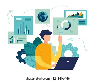 Vector Illustration Of Business, Office Workers Are Studying The Infographic, The Analysis Of The Evolutionary Scale