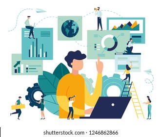 vector illustration of business, office workers are studying the infographic, the analysis of the evolutionary scale