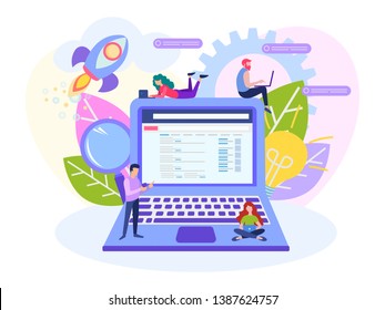vector illustration of business, office workers set up a website, monitor marketing, work in a team