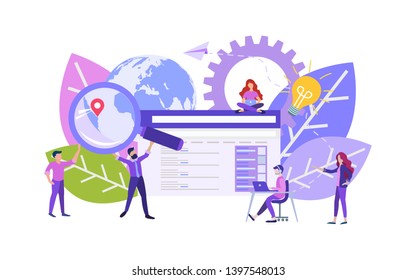 vector illustration of business, office workers are studying the web search system, the analysis of the web information