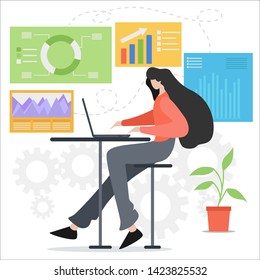 vector illustration of business, office workers are studying the infographic, the analysis of the evolutionary scale