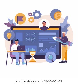 Dibujo vectorial de los negocios, los trabajadores de oficina están trabajando con infografía
