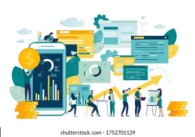 vector illustration of business, office workers are studying the infographic, the analysis of the evolutionary scale