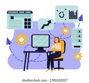 vector illustration of business, office workers are studying the infographic, the analysis of the evolutionary scale